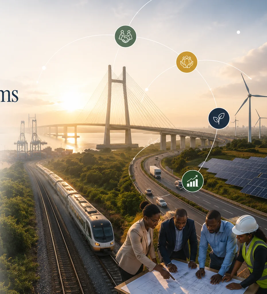 Infrastructure professionals collaborating beside transport and renewable energy systems